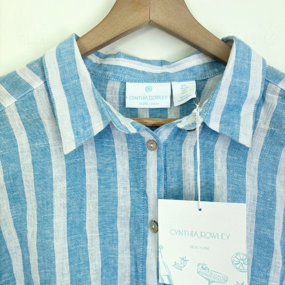 NWT Cynthia Rowley linen blue and white striped button down sz large - Picture 2 of 4